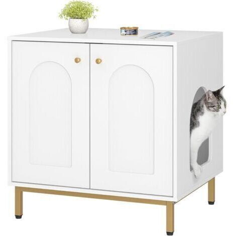 Maison de toilette pour chat – Bac à litière avec entrée latérale interchangeable – Dimensions 50 x 60 x 61 cm – Panneaux de particules et acier – Blanc et or