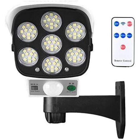 Lampe solaire d'extérieur avec détecteur de mouvement sans fil et caméra de sécurité factice IP66 étanche 77 LED lampe murale spot pour cour, jardin, terrasse, garage, allée,-- (1/5)