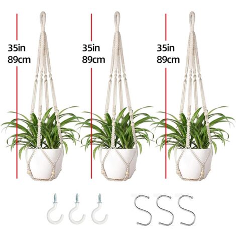 Macrame Plantenhangers - Jute Touw Hangende Mand met Houten Kralen - Boho Decoratie - Balkon Plantenbak - Tuin Thuis Decoratie - Plafond Wand Plantenhouder -Binnen Buiten - 89 cm- 3 STUKS - Voeg Kleur (1/5)