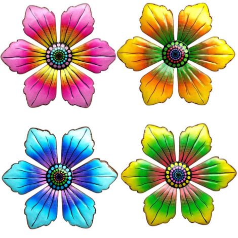 Décoration murale de fleurs en métal pour l'extérieur (lot de 4) - Décoration de jardin 3D pour clôture et balcon - Art mural coloré - Fleurs suspendues en métal