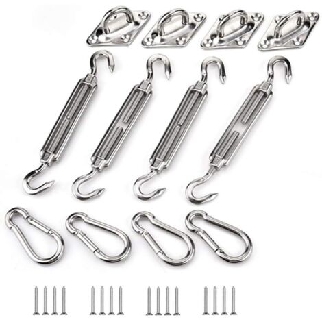 Tinor – Kit de fixation pour voile d'ombrage en acier inoxydable – 4 supports muraux, 4 mousquetons, vis M6 – Installation sécurisée et durable (1/4)