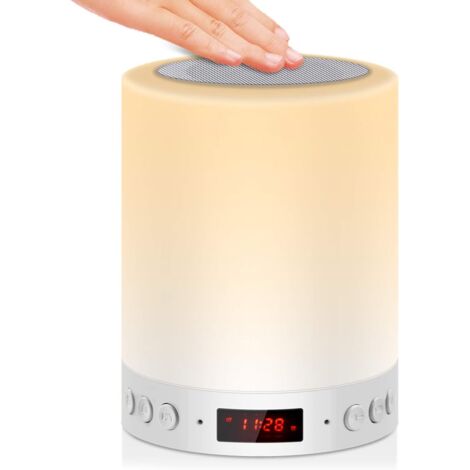Rapanda – Lampe de chevet tactile rechargeable 5 en 1 – Veilleuse LED, enceinte Bluetooth, radio FM, réveil numérique – Modes d'éclairage RGB
