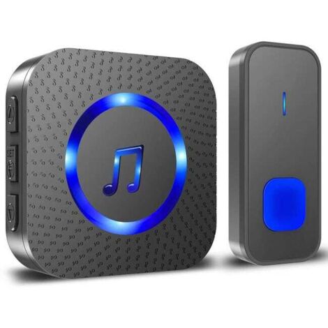 Sonnette sans Fil, 400M Sonnette de Porte IP55 Étanche Carillon Electronique, 55 Mélodies au 5 Niveaux Volumes, LED Bleu Noir