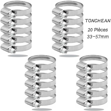 TONCHEAN Collier de Serrage Tuyau Réglable 33-57mm Gamme en Acier Inoxydable 304 Assortiment Tuyau Pinces Clips pour Famille Tuyau D'eau, Home Gaz, Tube D'automobiles, Robinet 20 Pièces (12mm) (1/5)