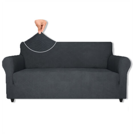 Housse de canapé en velours élastique 3 places – 85% polyester, 15% élasthanne – Lavable en machine – Gris foncé (1/5)