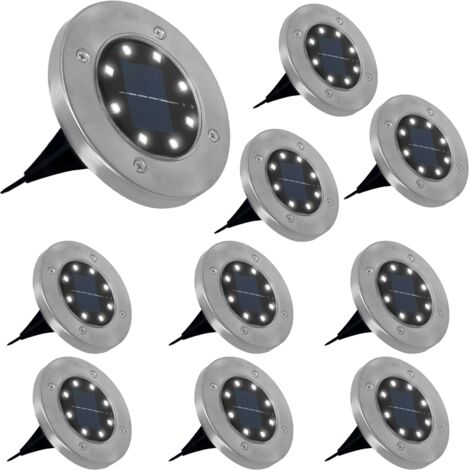 Idmarket – Lot de 10 spots solaires à LED – Autonomie jusqu'à 8h – IP44 – Acier inoxydable et plastique – Piquet amovible inclus