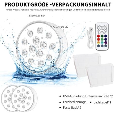 2 x Lumières LED Submersibles Piscine Rechargeables, IP68 Étanches avec ...