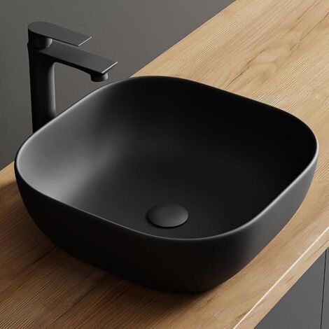 Lavabo carré de luxe Planetmöbel Aquil Lavabo à poser pour salles de bains et toilettes invités Sans trou de robinetterie ni trop-plein Noir mat, 42,5 x 42,5 x 14 cm (1/5)