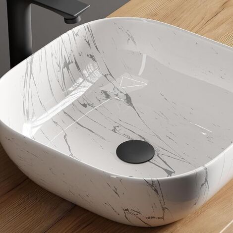 Lavabo carré de luxe Planetmöbel Aquil Lavabo à poser pour salles de bains et toilettes invités Vasque sans trou de robinetterie ni trop-plein Marbre blanc, 42,5 x 42,5 x 14 cm (1/5)