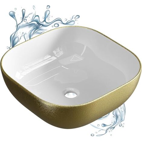 Lavabo ovale de luxe Planetmöbel Aquil Lavabo à poser pour salles de bains et toilettes invités Lavabo sans trou de robinetterie ni trop-plein Blanc doré, 42,5 x 42,5 x 14 cm (1/5)