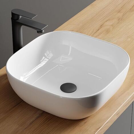 Lavabo carré de luxe Planetmöbel Aquil Lavabo à poser pour salles de bains et toilettes invités Lavabo sans trou de robinetterie ni trop-plein Blanc, 42,5 x 42,5 x 14 cm (1/5)