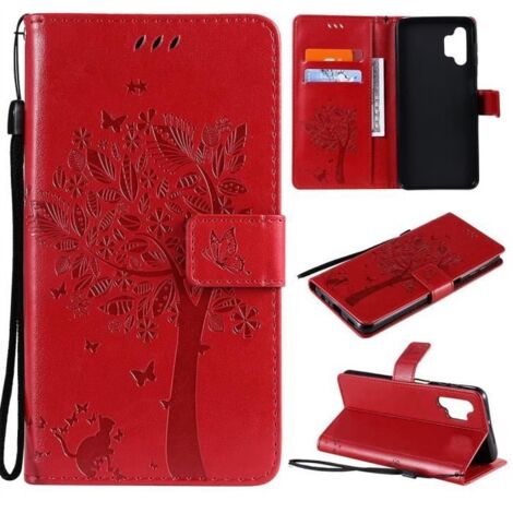 Housse Étui pour Samsung Galaxy A32 5G, PU Cuir et Silicone Souple Arbre Portefeuille Magnétique Support Dragonne Protecteur -Rouge (1/4)