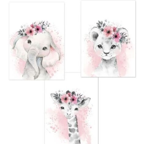 3 Affiches Animaux Chambre Bebe Fille Rose Tableau Poster Girafe Elephant Lion Mural Enfant Deco Sans Cadre,2030cm (1/4)