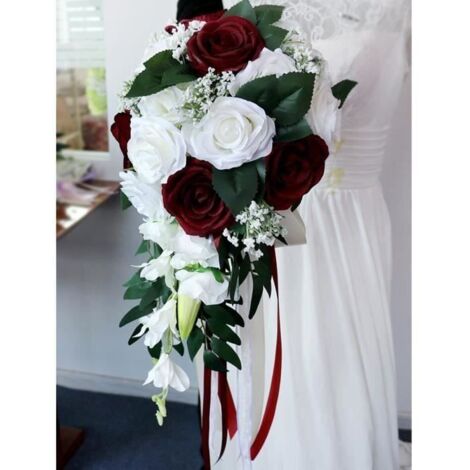 Mariée Bouquet Rose Fleurs Artificielle Mariage Demoiselle d\'Honneur Fille Fleur Mariage Décor blanc vin rouge L44363