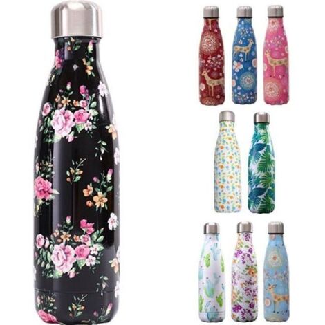 500ml Bouteille d\'eau Sport Gourde Inox Isotherme Sans BPA Impression D: Noir-Fleurs (1/4)