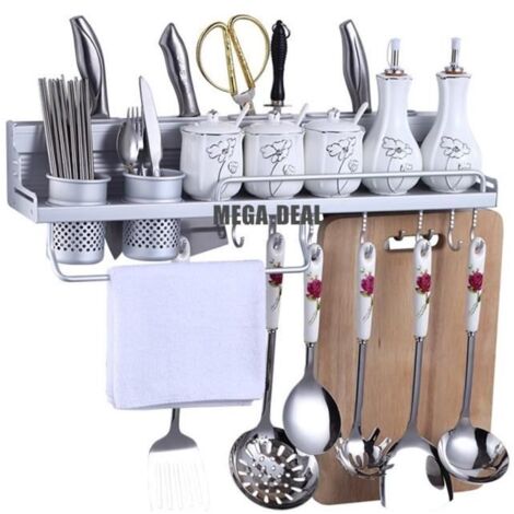 Mega-Deal Support mural à épices, couteau de cuisine, Organiseur de cuisine, étagère murale en aluminium avec crochets et 2 pots