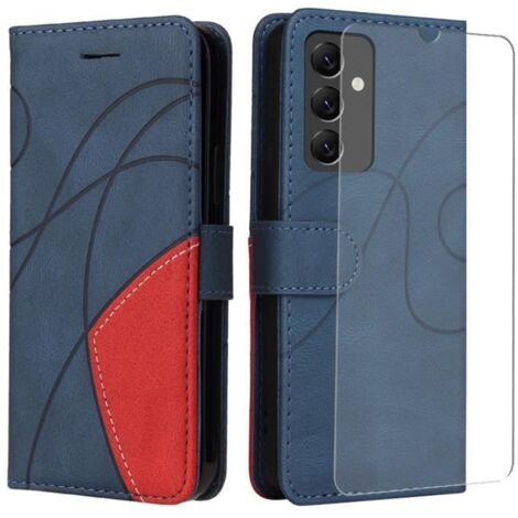 Verre trempé+Coque pour Samsung Galaxy A14 4G/5G Case,Etui PU Cuir Portefeuille Housse et Magnétique Flip Pochettet (Bleu et rouge) (1/4)