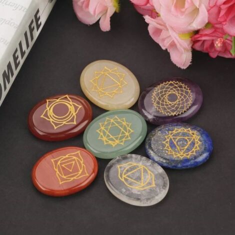 Kit de pierres de chakra, 7 pièces/ensemble gravé de pierres de palmier de méditation de guérison spirituelle cristal de (1/4)