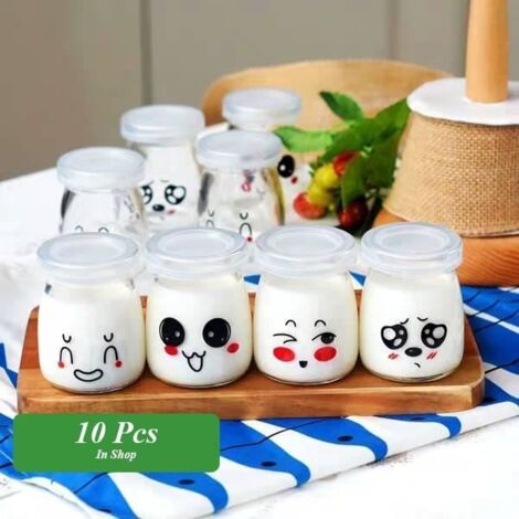 10 Pot Yaourt en Verre avec Couvercles Décor émoticône, Bocal Crème Pot a Dessert Contenance 100 ML (1/4)