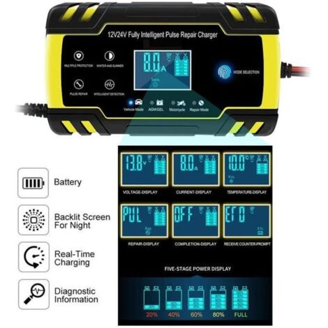 Chargeur Batterie Voiture Moto 12V-24V avec Protections Multiples Type de Réparation pour Voiture-Moto-Tondeuse à Gazon etc (1/4)