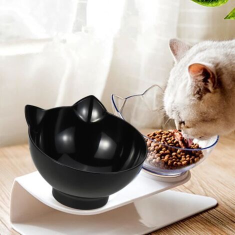 Gamelle Anti-dérapant Double Bols Mangeoires Chat Chien - Nourriture Distributeur Eau Dia. 13cm - Noir & Transparent (1/4)