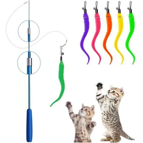 Jouet à Plumes pour Chats,Interactif Rétractable Canne a Peche Chats Jouet avec 1BâTon Baguette Magique + 5 Rechange de vers (1/4)