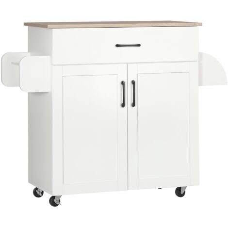 Îlot de cuisine avec rangements, 1 tiroir et 1 placard, 2 portes, étagère ajustable, porte-torchons et porte-épices en bois blanc (1/5)