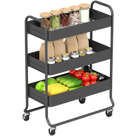 Chariot de Cuisine Roulant, 3 Paniers, 4 Roulettes, Acier, Noir (1/5)