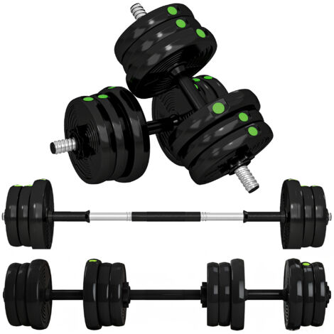 Haltères 2 en 1, Set de 20 kg avec barre longue et courte, antidérapant et protecteur de sol, Noir/Vert (1/5)