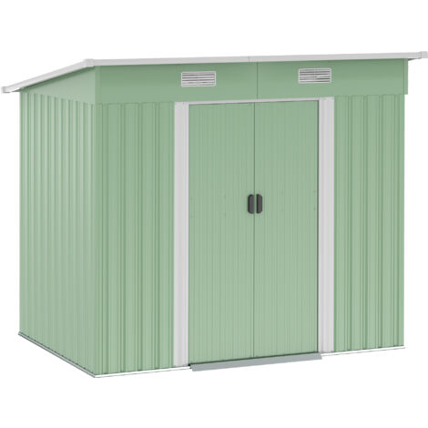 Abri de jardin métallique 2,3 m² 207x130x182 cm avec toit en pente, fenêtre et cadre de sol vert (1/5)