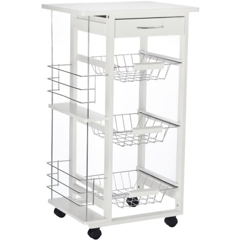 Chariot de Cuisine Compact en Pin, Meuble Roulant avec 4 Roues, 3 Paniers Amovibles et Tiroir, Blanc (1/5)