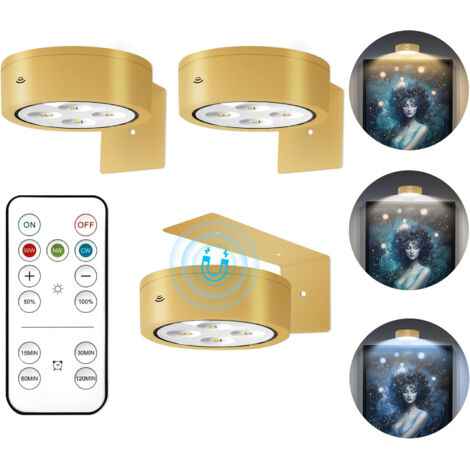 3 lampes murales pour tableaux, bande lumineuse LED magnétique avec télécommande, intensité réglable et minuterie, 3 modes d'éclairage pour cadres photo, projecteur décoratif mural sans fil - or.