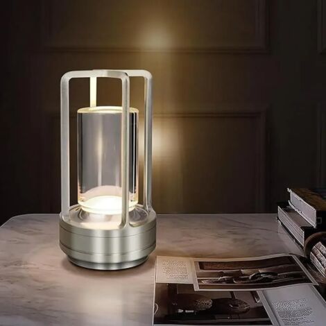 Lampe de bureau tactile LED sans fil à intensité variable, 3 couleurs, gradation progressive, idéale pour le salon, la table de chevet et le camping (rechargeable par USB). Disponible en argent. (1/5)