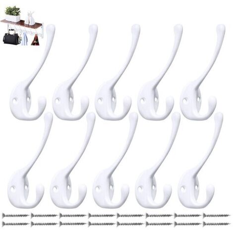 Lot de 10 crochets muraux doubles robustes - Crochets doubles noirs vintage et pratiques - Vis incluses - Blanc - Convient pour suspendre manteaux, écharpes, sacs, serviettes, clés, chapeaux, tasses, (1/5)