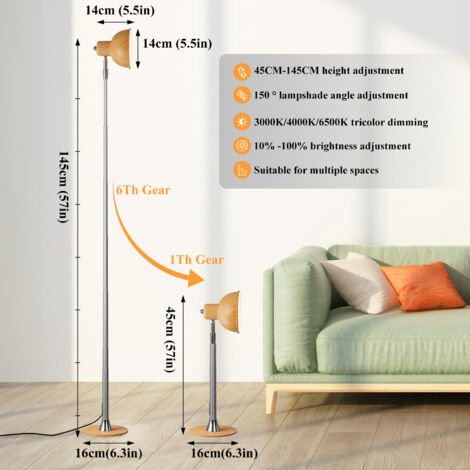 Lampadaire LED à intensité variable, hauteur réglable, structure en fer, style moderne, angle orientable, idéal pour les salons, les chambres, comme lampe de lecture, modèle A - coloris imitation bois (1/5)