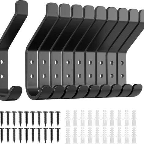 Lot de 10 crochets porte-manteaux, 20 lb (maximum), pour serviettes, chapeaux, sacs à dos, clés, vêtements, porte-manteaux muraux pour placard, métal, noir. (1/4)