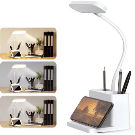 Lampe de bureau avec porte-stylo et support pour téléphone, idéale pour le bureau et la maison - Lampe de bureau LED à intensité variable 3 modes avec interface USB.