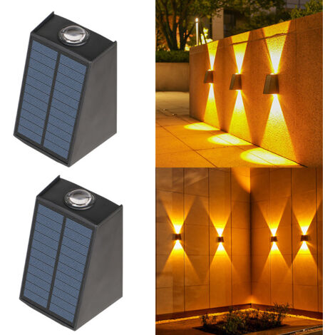 Lot de 2 lampes solaires d'extérieur, éclairage d'ambiance décoratif pour cour et jardin, applique murale étanche, éclairage par le haut et par le bas - Lumière jaune (1/5)