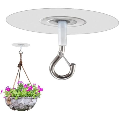 Trois crochets de plafond auto-adhésifs avec verrous de sécurité, sans perçage, adaptés pour suspendre des plantes, des pots de fleurs et des luminaires décoratifs. (1/4)