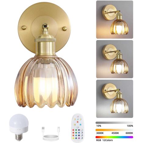 Applique murale sans fil avec télécommande, lampe de chevet LED rechargeable, à intensité variable, changement de couleur RGB, température de couleur 3000K-6000K, ampoule incluse.