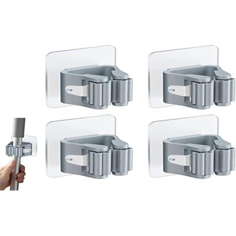 Ensemble de quatre pièces comprenant un support mural auto-adhésif pour balai, un support pour serpillière et un crochet mural pour balai aucun perçage requis clip pour balai inclus gris. (1/5)
