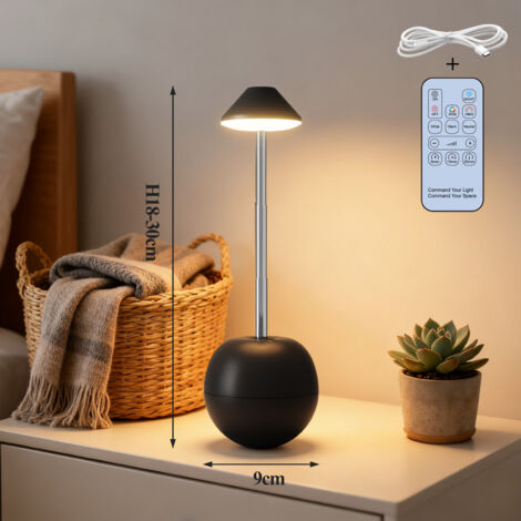 Lampe de table sans fil, lampe de chevet sans fil, lampe de nuit, veilleuse, rechargeable, lampe de table décorative, chambre, bureau, lampe d'ambiance de chevet avec télécommande, noire.