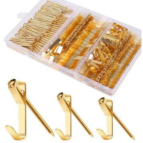Ensemble de crochets pour tableaux, contenant 184 crochets robustes et durables, ainsi que des clous pour fixer les cadres, les toiles et les miroirs, plaqués or. (1/2)