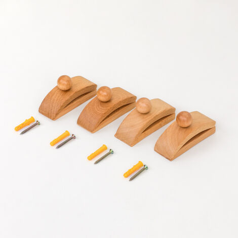 Porte-tapisseries mural en bois avec 4 supports pour courtepointes, des pinces de présentation pour les tapisseries et des pinces murales en bois pour suspendre les tapis. (1/5)