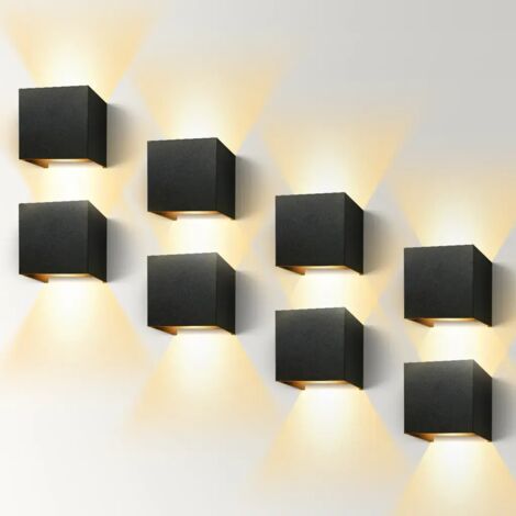 Ensemble de 8 appliques murales intérieures/extérieures, applique murale moderne étanche IP65 LED 6W, angle de faisceau réglable, lumière chaude, noire. (1/5)