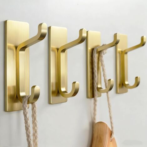 Crochets muraux auto-adhésifs : extra résistants (13 lb), pour suspendre vêtements, serviettes de bain, douche, cuisine, murs et portes finition or brossé paquet de 4.