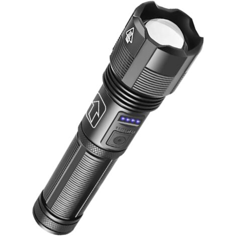 Lampe torche étanche d'extérieur à zoom, rechargeable par USB, avec LED haute luminosité, idéale pour la randonnée, le vélo et le camping (piles incluses). (1/5)