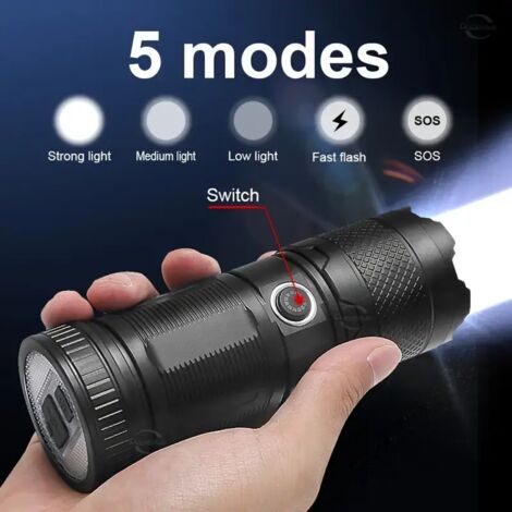 Lampe torche étanche rechargeable haute puissance, à faisceau laser blanc ultra-brillant, longue portée, pour usage extérieur et domestique. (1/5)