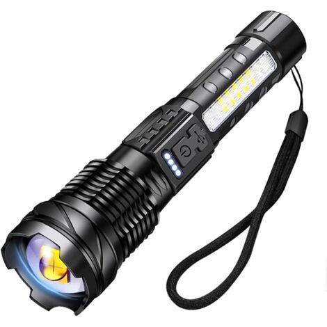 Lampe torche rechargeable à haute luminosité - la lampe torche LED la plus lumineuse avec 7 modes et des lumières latérales rouges et bleues, lampe torche portable haute puissance adaptée à la maison,