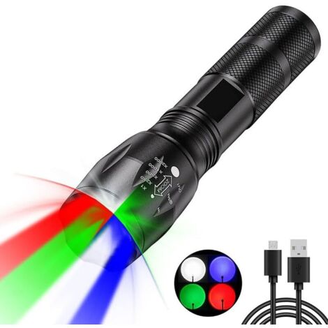 Lampe torche LED zoom 4 couleurs (rouge, blanc, vert, bleu), extrêmement lumineuse, rechargeable, 4 modes, lampe torche multifonctionnelle d'extérieur. (1/5)